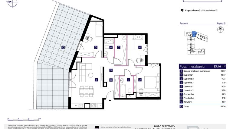 Rzut - Mieszkanie na sprzedaż 4 pokoje o powierzchni 83,46 m² - numer 15/85 w Osiedle Neonowe