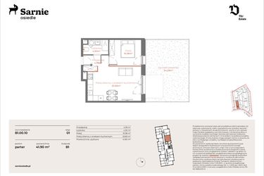 Rzut - Mieszkanie na sprzedaż 2 pokoje o powierzchni 41,9 m² - numer B1-00.10 w Sarnie Osiedle