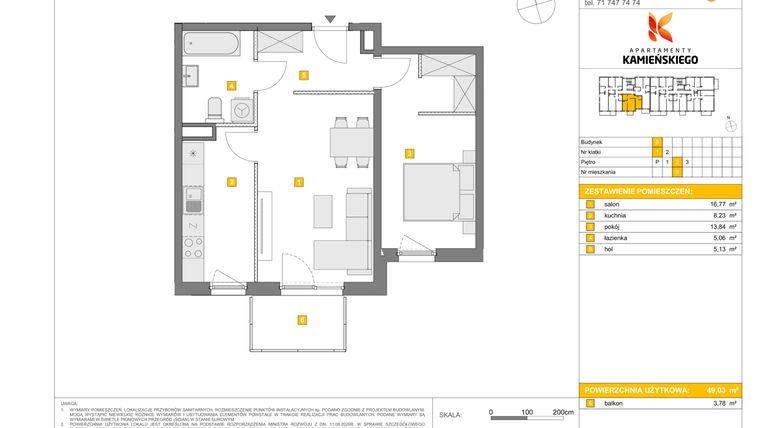Rzut - Mieszkanie na sprzedaż 2 pokoje o powierzchni 49,03 m² - numer B9 w Apartamenty Kamieńskiego