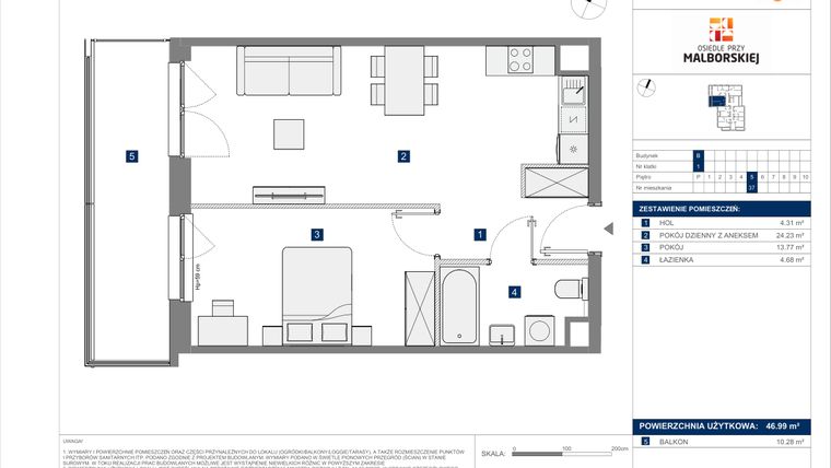 Rzut - Mieszkanie na sprzedaż 2 pokoje o powierzchni 46,99 m² - numer B.37 w Osiedle przy Malborskiej II