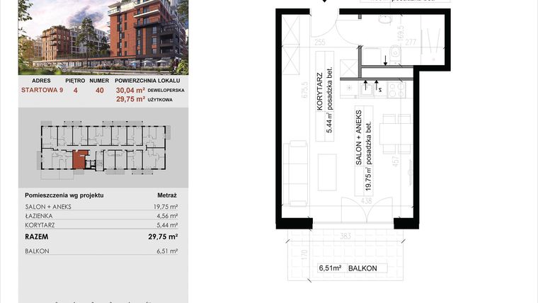 Rzut - Mieszkanie na sprzedaż 1 pokój o powierzchni 29,75 m² - numer 40 w M|City