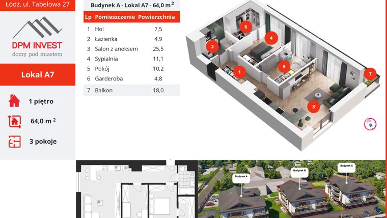 Rzut - Mieszkanie na sprzedaż 3 pokoje o powierzchni 64 m² - numer A7 w Apartamenty Tabelowa
