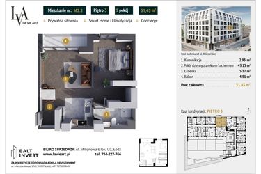 Rzut - Mieszkanie na sprzedaż 1 pokój o powierzchni 51,45 m² - numer M3.3 w La Vie Art