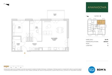 Rzut - Mieszkanie na sprzedaż 3 pokoje o powierzchni 66,46 m² - numer B.1.01 w Ananasowa