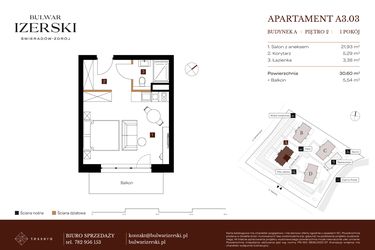 Rzut - Mieszkanie na sprzedaż 1 pokój o powierzchni 30,6 m² - numer A3.03 w Bulwar Izerski