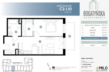 Rzut - Mieszkanie na sprzedaż 2 pokoje o powierzchni 47,43 m² - numer C2.1.10 w Bogatyńska Apartamenty etap 3