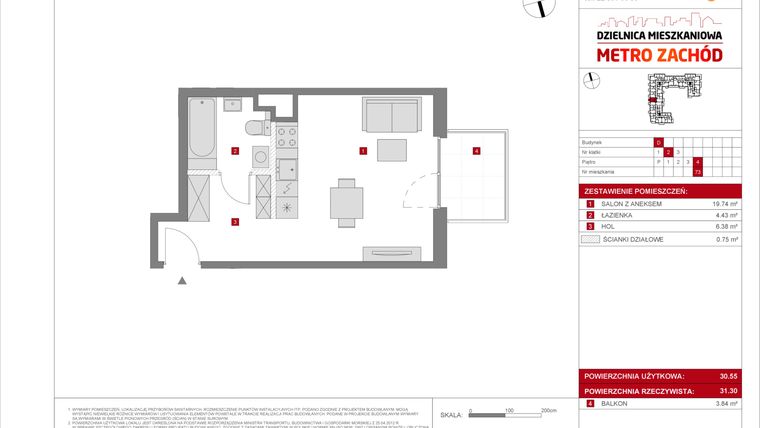 Rzut - Mieszkanie na sprzedaż 1 pokój o powierzchni 30,55 m² - numer D.73 w Dzielnica Mieszkaniowa Metro Zachód - etap 8.2