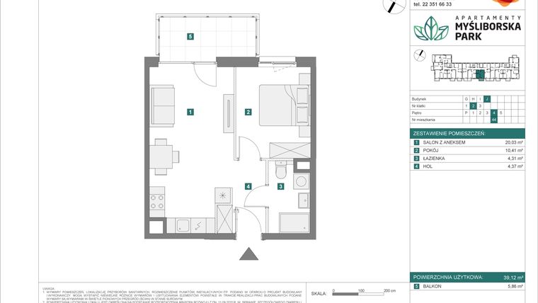 Rzut - Mieszkanie na sprzedaż 2 pokoje o powierzchni 39,12 m² - numer J44 w Apartamenty Myśliborska Park