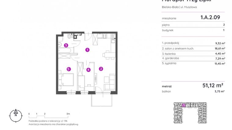 Rzut - Mieszkanie na sprzedaż 2 pokoje o powierzchni 51,12 m² - numer 1.A.2.09 w Murapol Trzy Lipki