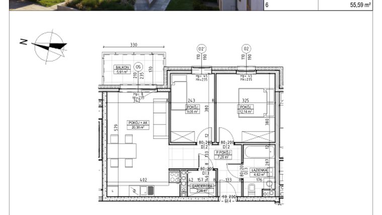 Rzut - Mieszkanie na sprzedaż 3 pokoje o powierzchni 55,59 m² - numer M.B6.02.13 w Osiedle Harmonia bud. B6