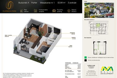 Rzut - Mieszkanie na sprzedaż 2 pokoje o powierzchni 52,84 m² - numer M1 w Oleśnica Park