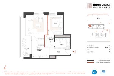 Rzut - Mieszkanie na sprzedaż 2 pokoje o powierzchni 55,95 m² - numer A.5.4 w Drucianka Wschodnia