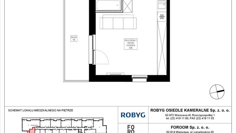 Rzut - Mieszkanie na sprzedaż 1 pokój o powierzchni 30,33 m² - numer OK6/A/2/7 w Osiedle Kameralne VI