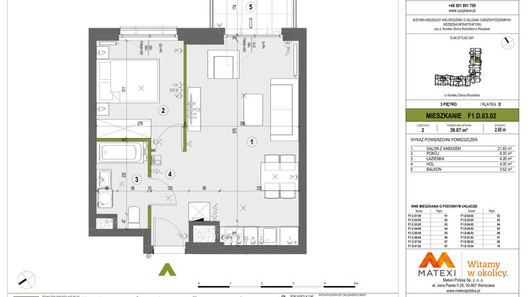Rzut - Mieszkanie na sprzedaż 2 pokoje o powierzchni 39,02 m² - numer F1.D.03.02 w XYZ Place