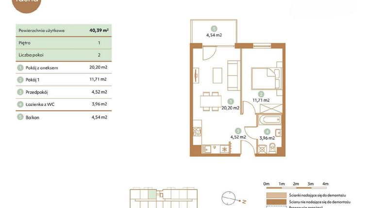 Rzut - Mieszkanie na sprzedaż 2 pokoje o powierzchni 40,39 m² - numer D30-1 w Fauna