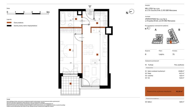 Rzut - Mieszkanie na sprzedaż 2 pokoje o powierzchni 45,3 m² - numer 75 w MY Głębocka