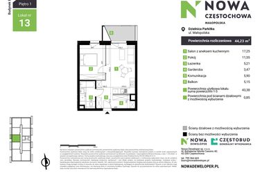 Rzut - Mieszkanie na sprzedaż 2 pokoje o powierzchni 44,23 m² - numer E13 w Nowa Częstochowa Małopolska etap II