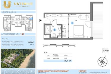 Rzut - Mieszkanie na sprzedaż 1 pokój o powierzchni 26,1 m² - numer 1.25 w Ustronie Luxury Apartments