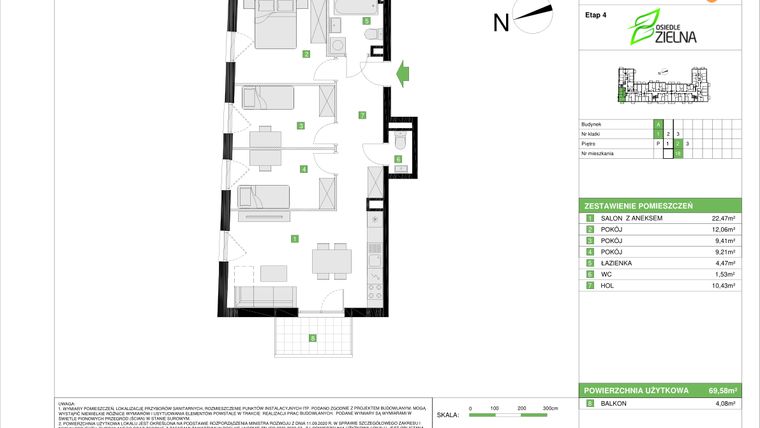 Rzut - Mieszkanie na sprzedaż 4 pokoje o powierzchni 69,58 m² - numer A.18 w Osiedle Zielna IV