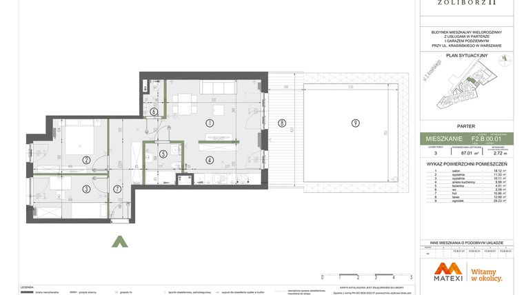 Rzut - Mieszkanie na sprzedaż 3 pokoje o powierzchni 67,01 m² - numer F2.B.00.01 w Sady Żoliborz II