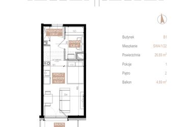 Rzut - Mieszkanie na sprzedaż 1 pokój o powierzchni 26,69 m² - numer SWA/1/22/B w Apartamenty Świeradowska
