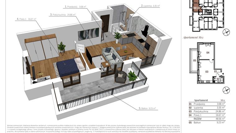 Rzut - Mieszkanie na sprzedaż 2 pokoje o powierzchni 48,56 m² - numer M13 w Przy Parku etap II