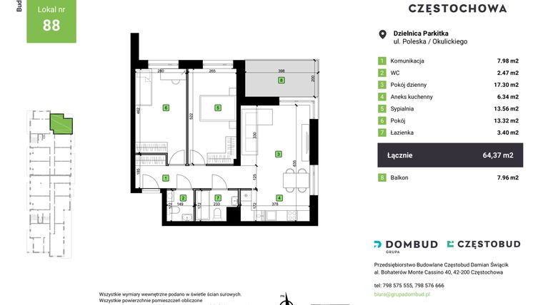 Rzut - Mieszkanie na sprzedaż 3 pokoje o powierzchni 64,37 m² - numer A2-88 w Nowa Częstochowa