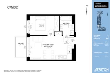 Rzut - Mieszkanie na sprzedaż 2 pokoje o powierzchni 33,79 m² - numer C_M32 w Triton Kampinos Klatka B i C