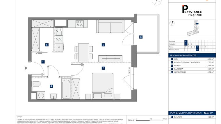 Rzut - Mieszkanie na sprzedaż 2 pokoje o powierzchni 43,97 m² - numer 30 w Przystanek Prądnik