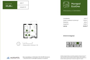 Rzut - Mieszkanie na sprzedaż 2 pokoje o powierzchni 43,2 m² - numer 2.A.1.08 w Murapol EcoOne