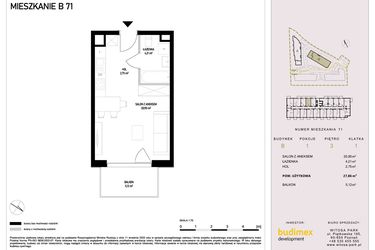 Rzut - Mieszkanie na sprzedaż 1 pokój o powierzchni 27,86 m² - numer B71 w Witosa Park