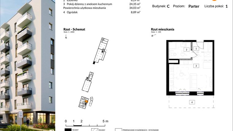 Rzut - Mieszkanie na sprzedaż 1 pokój o powierzchni 34,03 m² - numer C.8 w Osiedle Kochanowskiego - Gliwice
