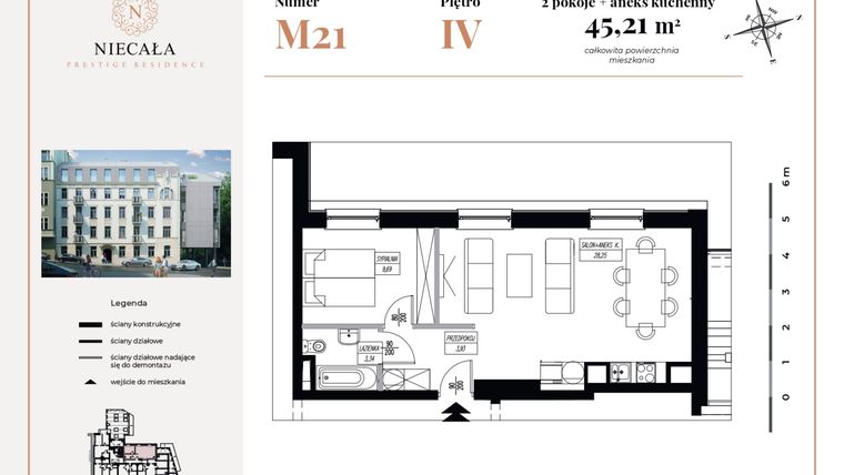 Rzut - Mieszkanie na sprzedaż 2 pokoje o powierzchni 45,21 m² - numer 21 w Niecała Prestige Residence