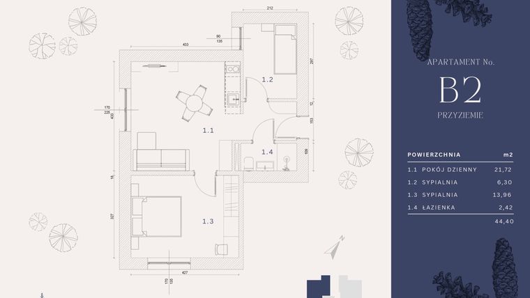 Rzut - Mieszkanie na sprzedaż 4 pokoje o powierzchni 44,4 m² - numer B2 w Rysulówka 70