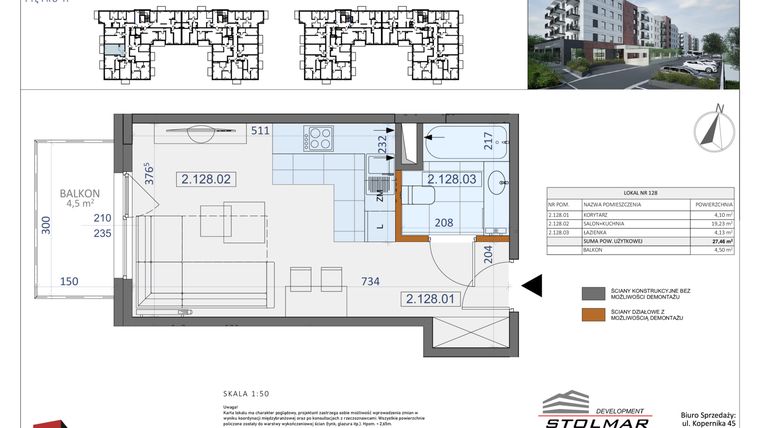 Rzut - Mieszkanie na sprzedaż 1 pokój o powierzchni 27,46 m² - numer 128 w Osiedle Zycha