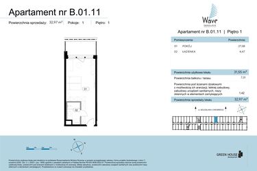 Rzut - Mieszkanie na sprzedaż 1 pokój o powierzchni 32,97 m² - numer B.01.11 w Wave Świnoujście Thermal & Spa