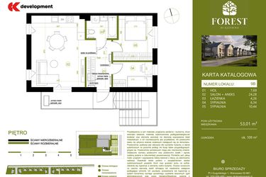 Rzut - Mieszkanie na sprzedaż 3 pokoje o powierzchni 53,01 m² - numer 9B w Wiązowna Forest