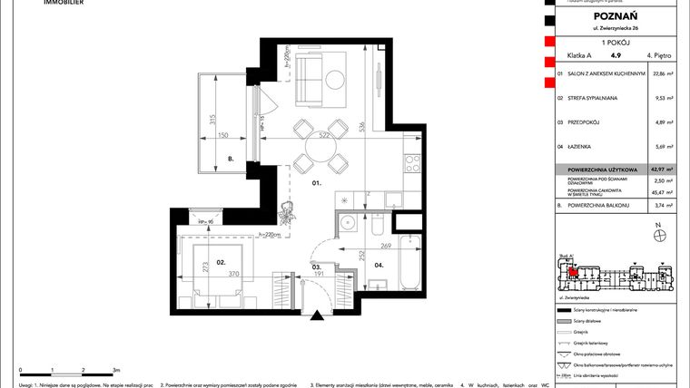 Rzut - Mieszkanie na sprzedaż 1 pokój o powierzchni 42,97 m² - numer B.A.4.9 w Zajezdnia
