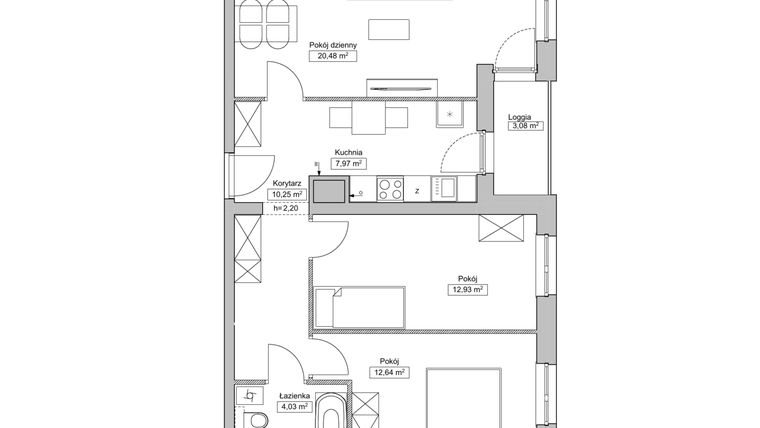 Rzut - Mieszkanie na sprzedaż 3 pokoje o powierzchni 68,29 m² - numer LEG/A/8/1 w Legnicka Residence