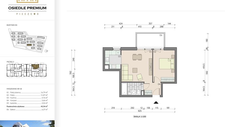 Rzut - Mieszkanie na sprzedaż 2 pokoje o powierzchni 41,54 m² - numer B1.18 w Osiedle Premium etap IV