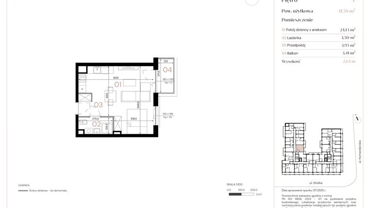 Rzut - Mieszkanie na sprzedaż 1 pokój o powierzchni 31,58 m² - numer A/3/11 w Wielka 16