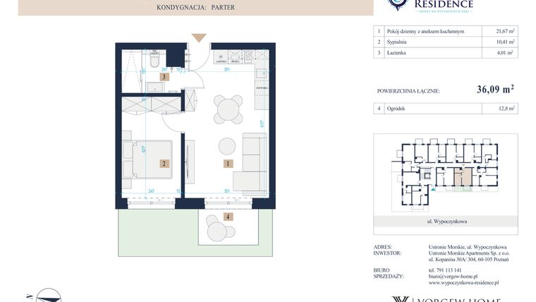 Rzut - Mieszkanie na sprzedaż 2 pokoje o powierzchni 35,83 m² - numer 16 w Wypoczynkowa Residence