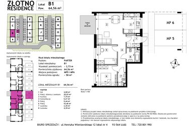 Rzut - Mieszkanie na sprzedaż 3 pokoje o powierzchni 64,56 m² - numer B1 w Złotno Residence