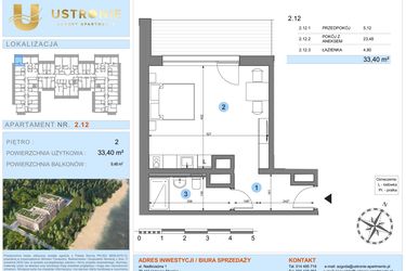 Rzut - Mieszkanie na sprzedaż 1 pokój o powierzchni 33,4 m² - numer 2.12 w Ustronie Luxury Apartments
