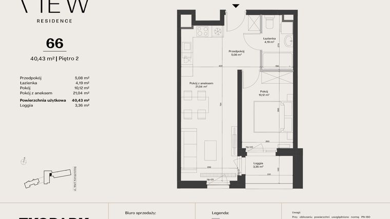 Rzut - Mieszkanie na sprzedaż 2 pokoje o powierzchni 40,43 m² - numer 66 w The View
