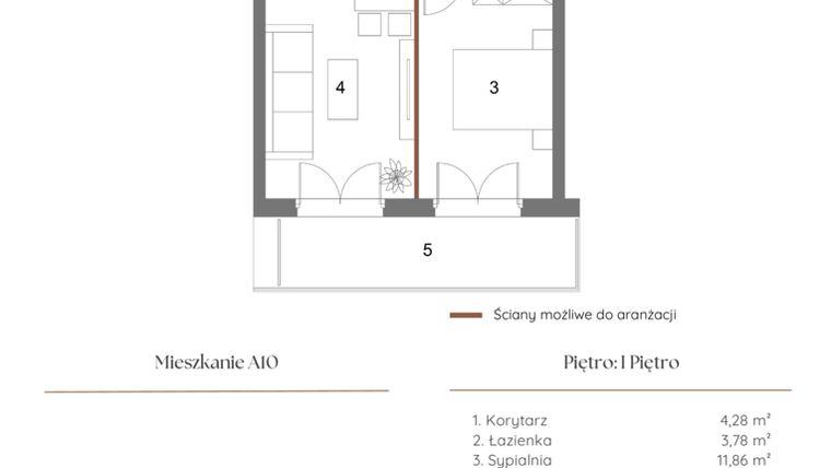 Rzut - Mieszkanie na sprzedaż 2 pokoje o powierzchni 39,96 m² - numer A10 w Dąbrowskiego 9