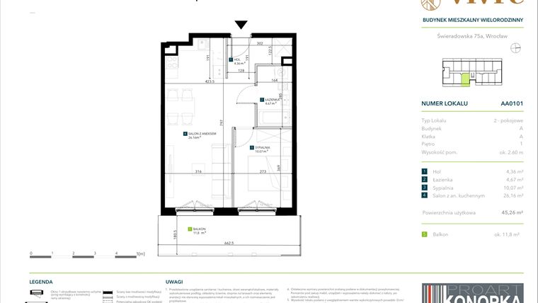 Rzut - Mieszkanie na sprzedaż 2 pokoje o powierzchni 45,26 m² - numer AA0101 w Vivre