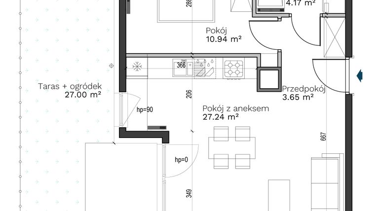 Rzut - Mieszkanie na sprzedaż 2 pokoje o powierzchni 46 m² - numer B-1 w Destino