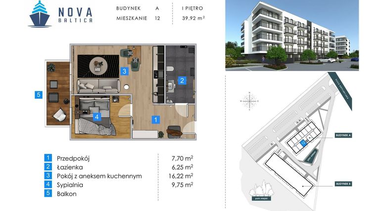 Rzut - Mieszkanie na sprzedaż 2 pokoje o powierzchni 39,92 m² - numer A12 w Nova Baltica Mieszkania Kołobrzeg