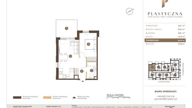 Rzut - Mieszkanie na sprzedaż 2 pokoje o powierzchni 46,53 m² - numer PK-LM-33 w Plastyczna Kamienica przy Sympatycznej